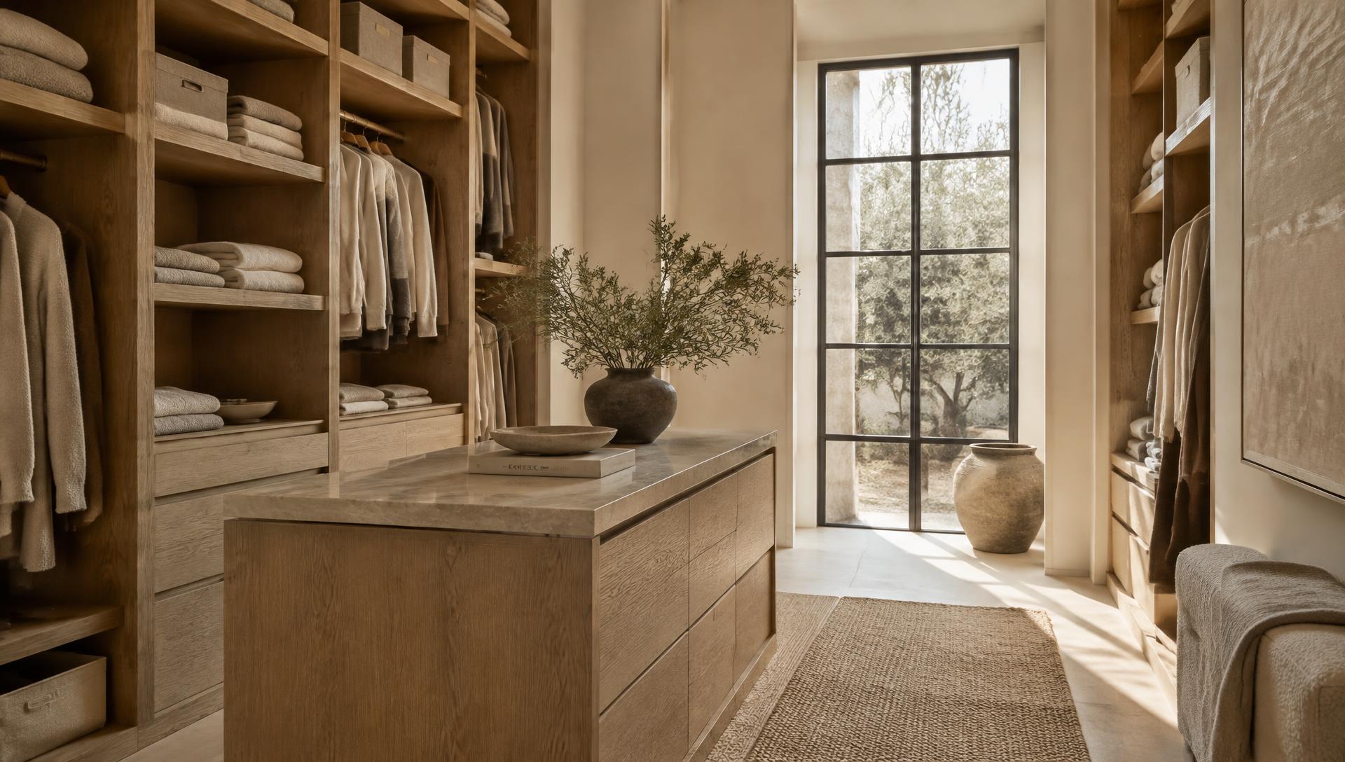 A serene, beautifully organized walk-in closet in warm oak and limestone